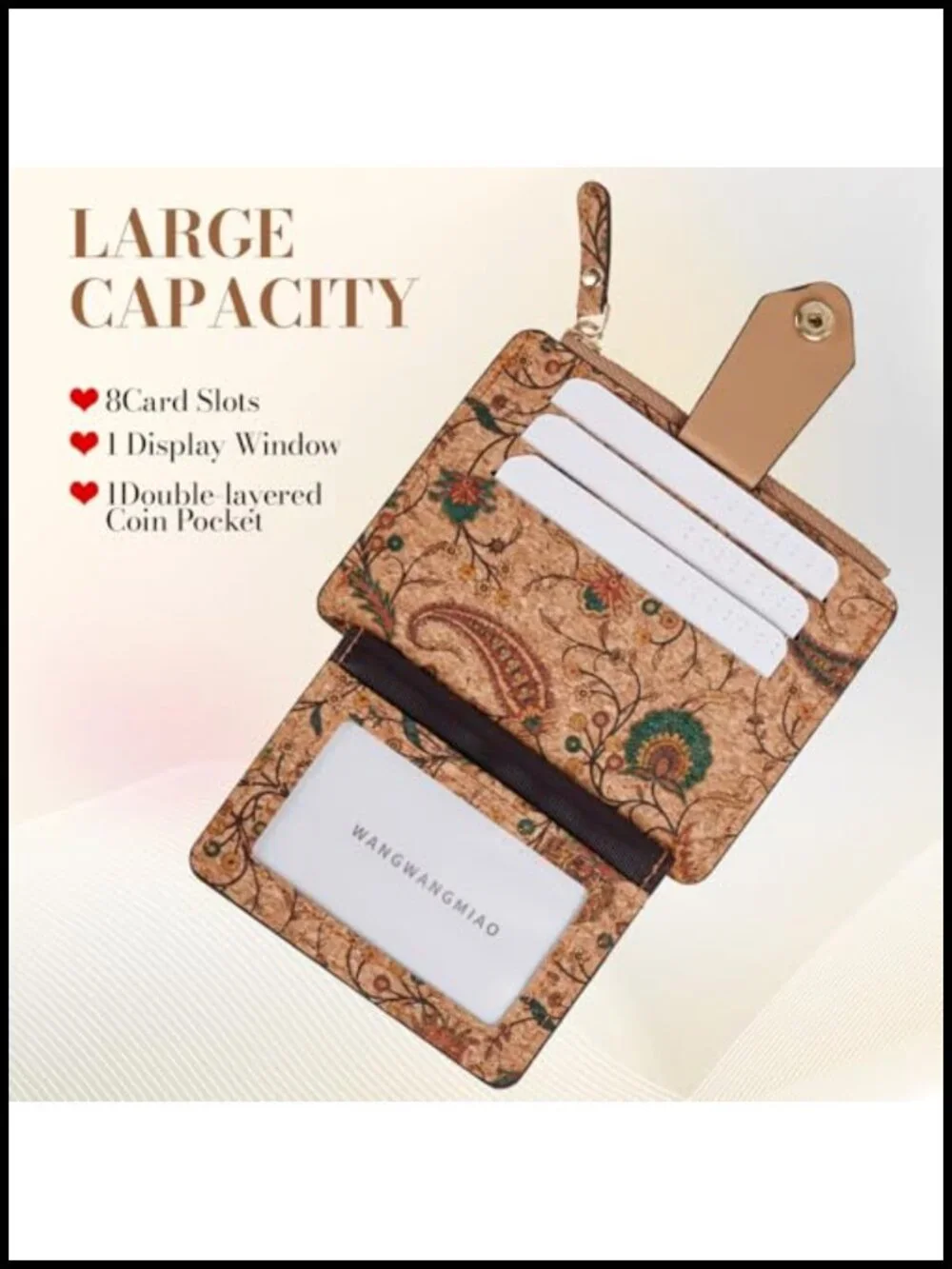 Floral Cork Card Holder Slim Wallet Multi-Compartment Zipper 10 Card Slots